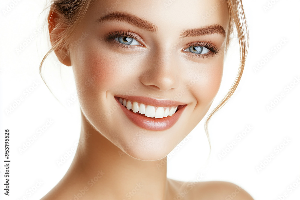 Portrait of a European American woman, close up on a white background