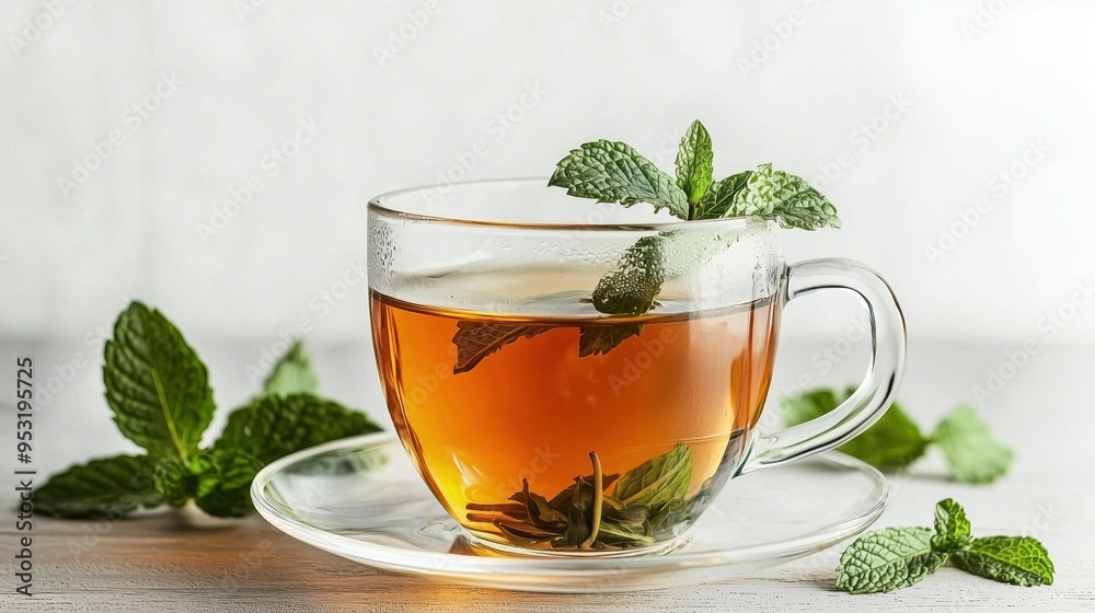 Lemon tea in glass tea cup in a glass saucer with a few mint leaves in it on a white background Lemon tea in glass tea cup in a glass saucer with a few mint leaves in it on a white background