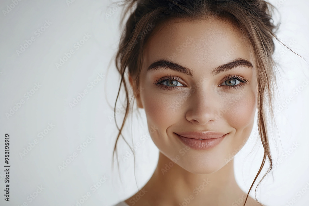 Portrait of a European American woman, close up on a white background