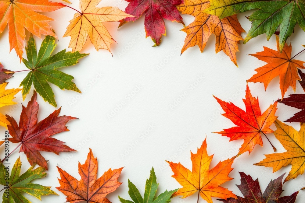 Fototapeta premium Autumn Maple Leaves Flat Lay White Background created with Generative AI