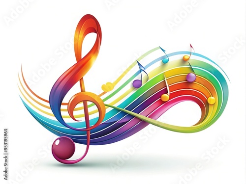 A stylized, colorful music note icon with dynamic swirls and curves, isolated on a white background, conveying creativity, harmony, and musical inspiration.