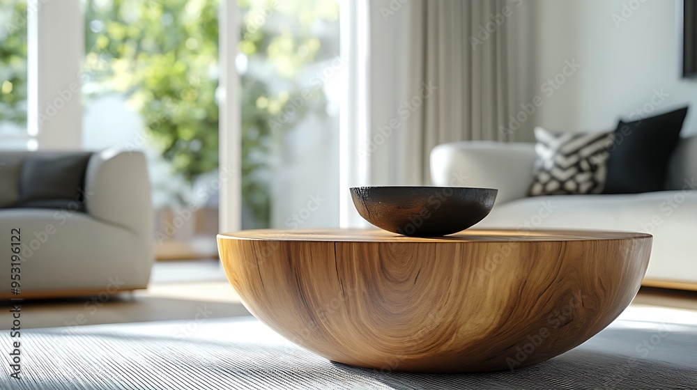 A wooden bowl sits atop a round wooden coffee table in a modern living room. The table is in focus, while the room behind is blurred. A wooden bowl sits atop a round wooden coffee table in a modern living room. The table is in focus, while the room behind is blurred.