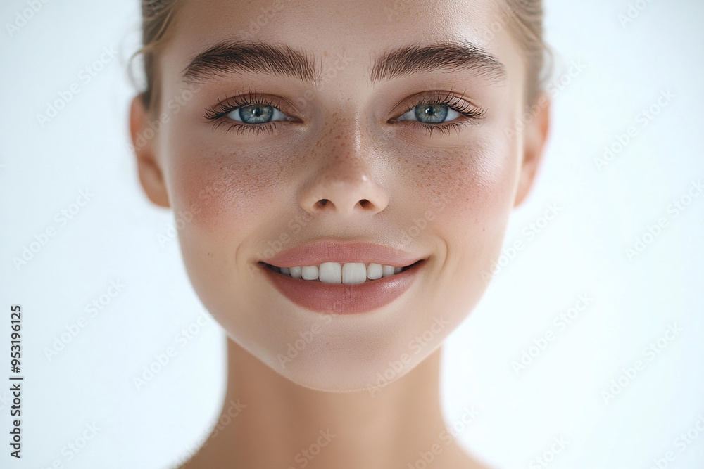 Portrait of a European American woman, close up on a white background Portrait of a European American woman, close up on a white background