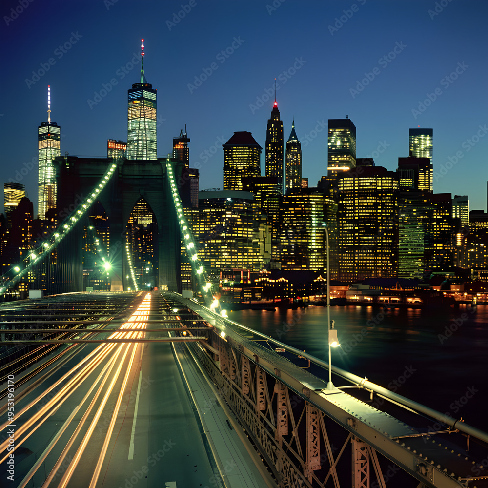 Obraz premium Long exposure of cars driving across the brooklyn bridge at twilight with the illuminated skyline of lower manhattan in the background