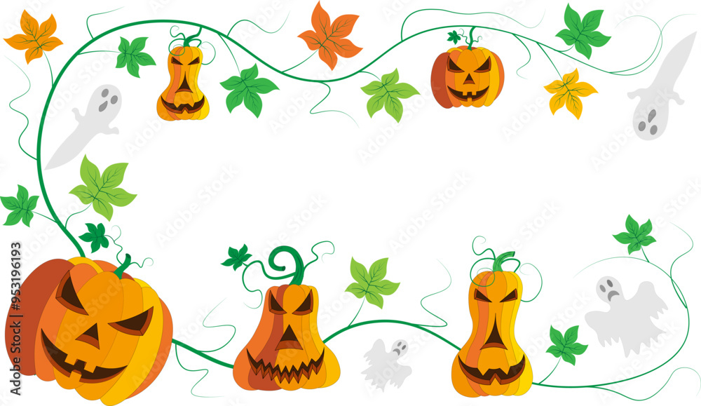 Beautiful evil Halloween pumpkins with leaves and ghosts Beautiful evil Halloween pumpkins with leaves and ghosts