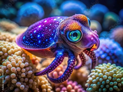 Vibrant purple bobtail squid swims amidst coral reef, its iridescent mantle glowing, bioluminescent spots lighting the dark blue ocean, showcasing its unique, alien-like appearance. photo