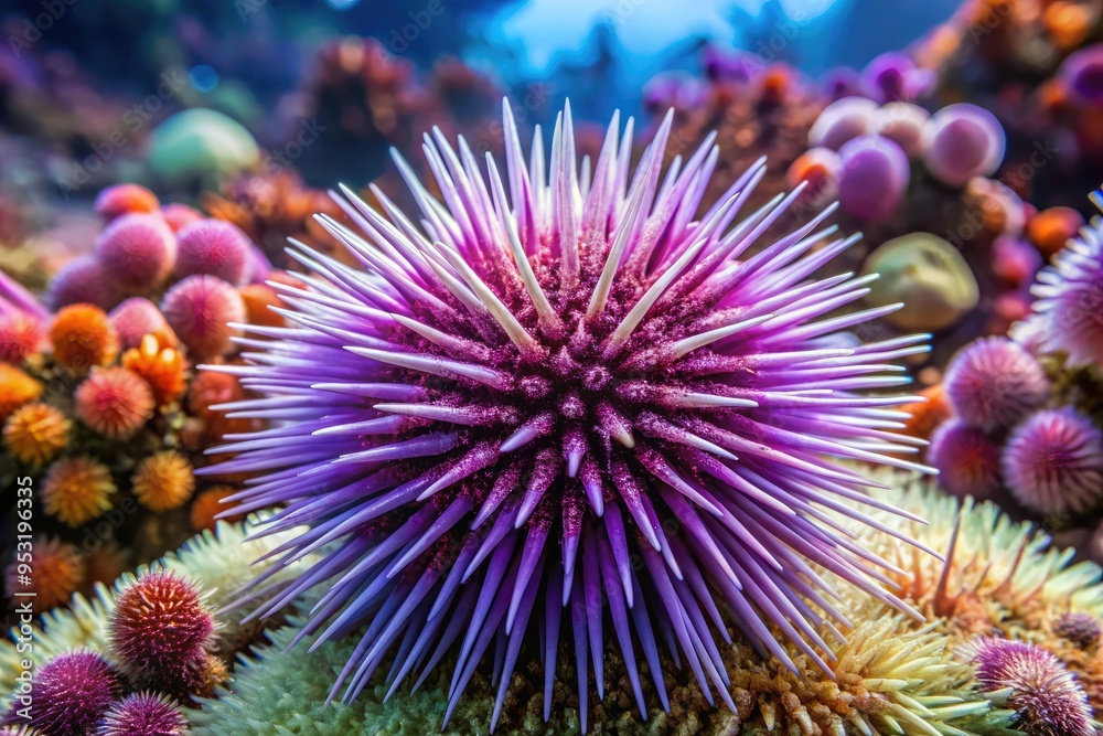 Fototapeta premium Vibrant purple sea urchin with intricately patterned spines and delicate, creamy-white underside, nestled among soft coral and seaweed in a shallow ocean habitat.