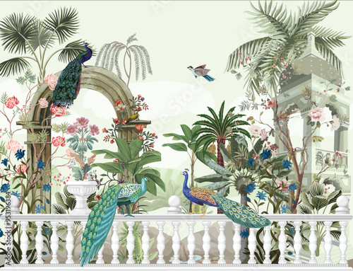 Mughal eastern garden arch, palace, bird, parrot vector illustration pattern.