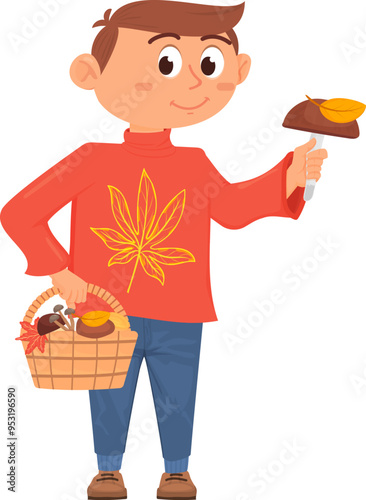 Boy collect mushrooms. Forest activity. Autumn harvest
