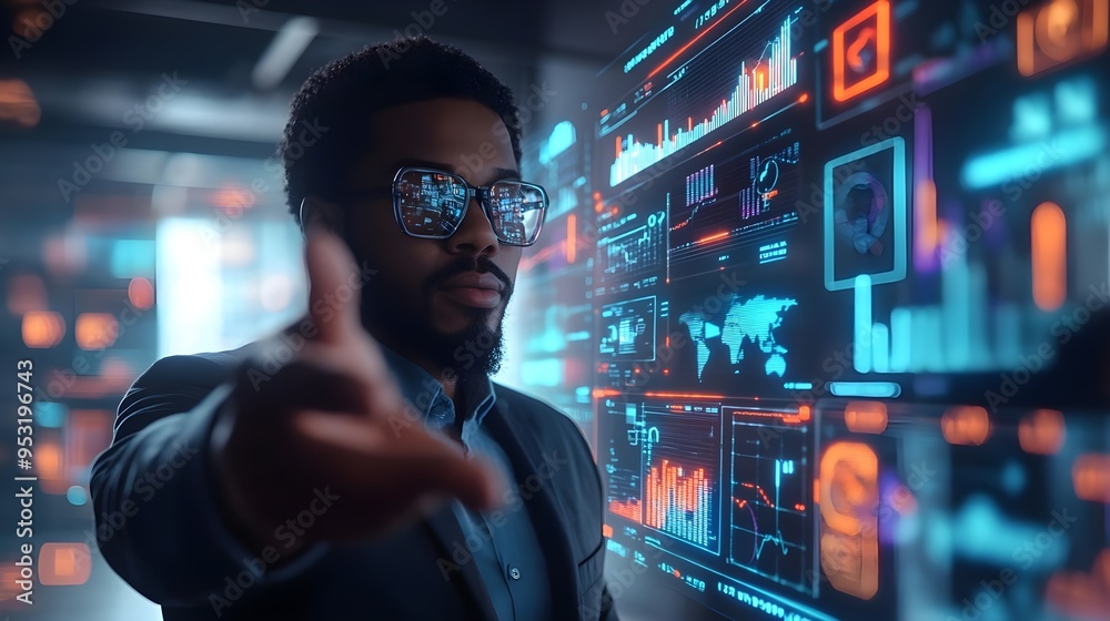 Businessman in futuristic glasses, digital data, technology Businessman in futuristic glasses, digital data, technology
