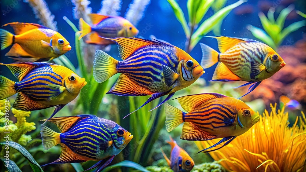 Group of vibrant angelfish with intricate patterns, floating near sea ...