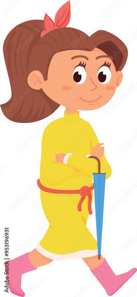 Girl walking with umbrella. Autumn cartoon child character Girl walking with umbrella. Autumn cartoon child character