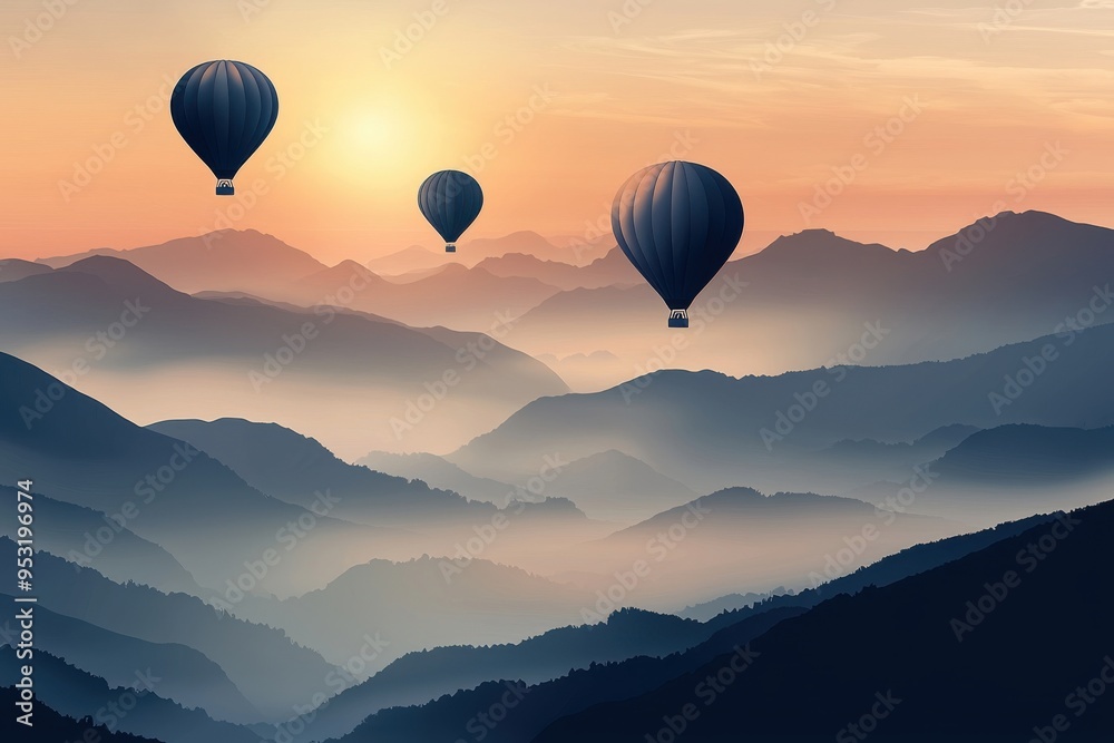 Fototapeta premium Serene landscape featuring hot air balloons over misty mountains at sunrise, perfect for travel and adventure themes.