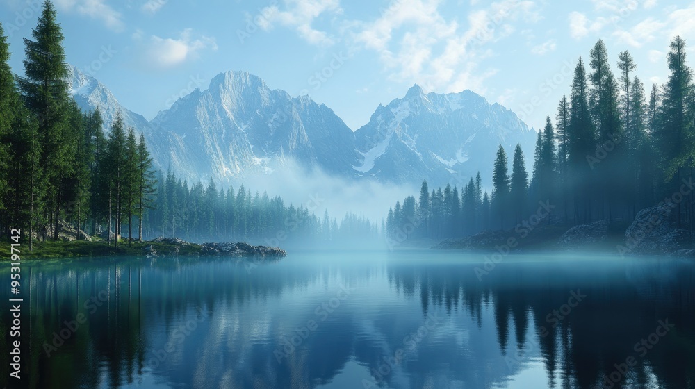 A serene mountain lake reflecting the surrounding peaks and forest, with morning mist hovering above. A serene mountain lake reflecting the surrounding peaks and forest, with morning mist hovering above.
