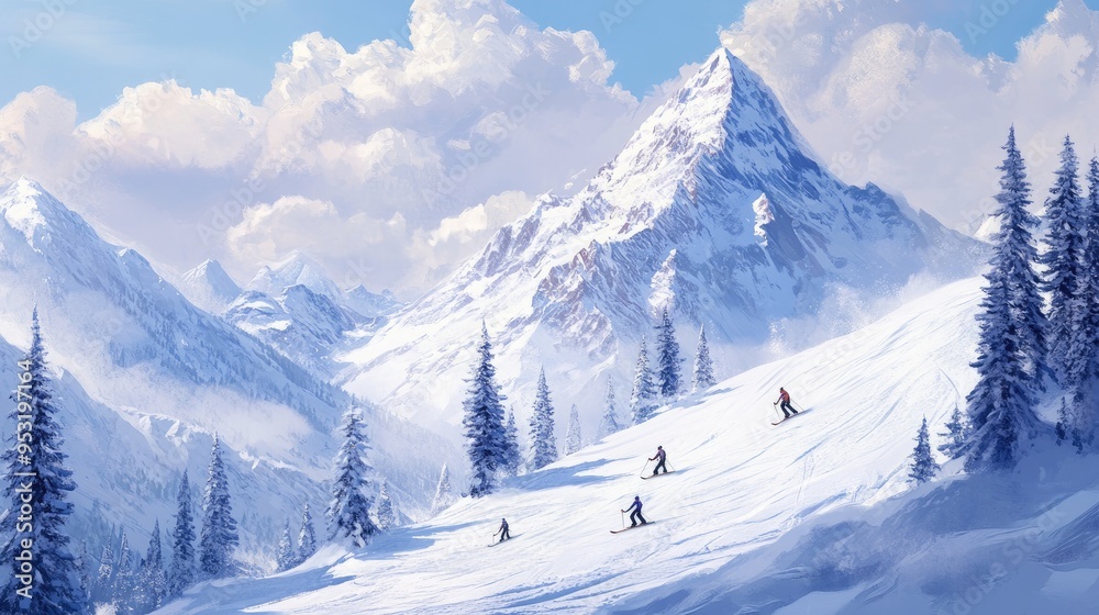 A winter landscape with a snowy mountain peak and skiers carving through fresh powder on the slopes. A winter landscape with a snowy mountain peak and skiers carving through fresh powder on the slopes.