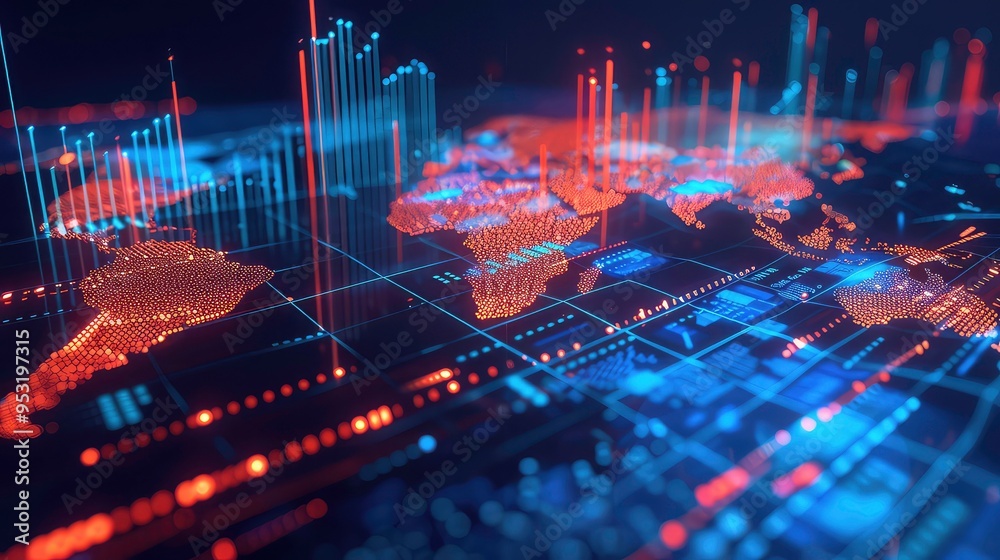 A glowing digital world map with data visualization. A glowing digital world map with data visualization.