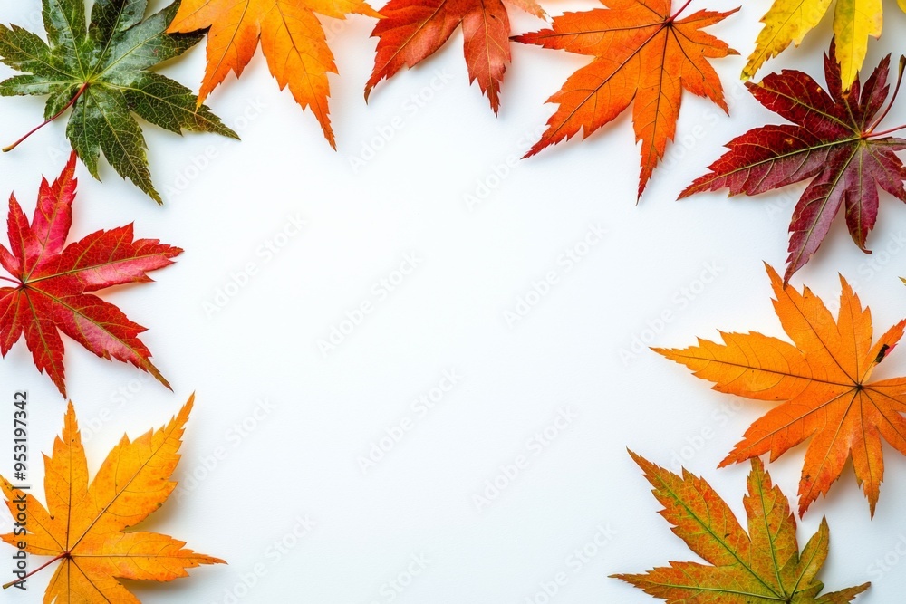 Fototapeta premium Autumn Maple Leaves Flat Lay White Background created with Generative AI