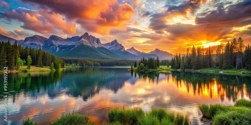 Vibrant sunset illuminates a serene lake with majestic mountains and lush greenery, creating a breathtaking landscape perfect for a nature-inspired poster or print. Vibrant sunset illuminates a serene lake with majestic mountains and lush greenery, creating a breathtaking landscape perfect for a nature-inspired poster or print.