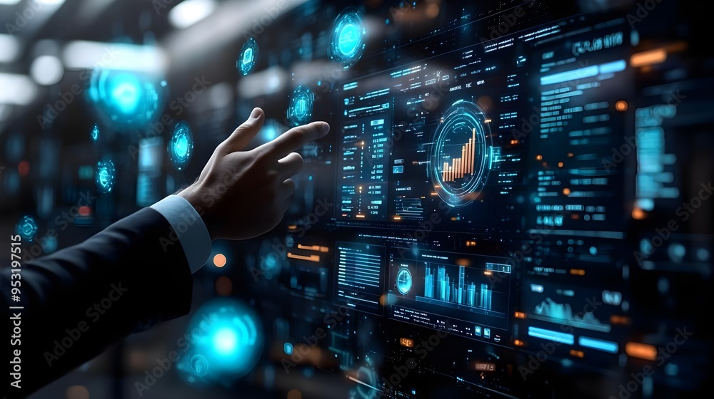 Businessman Interacting with Futuristic Digital Interface Businessman Interacting with Futuristic Digital Interface