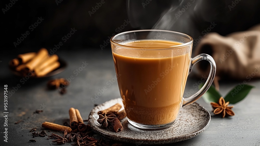 A cup of tea in a tea glass with cinnamon and anise seeds on a dark background A cup of tea in a tea glass with cinnamon and anise seeds on a dark background