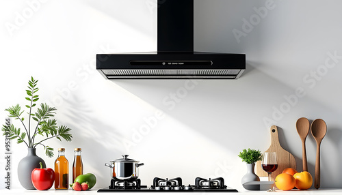 Modern Kitchen Design with Black Range Hood and Stovetop photo