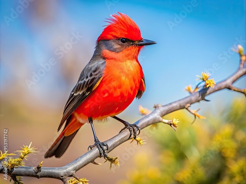 Vibrant vermilion flycatcher perched on a branch, its bright plumage and distinctive crest contrasting against a serene desert landscape with vast blue sky and sparse trees.