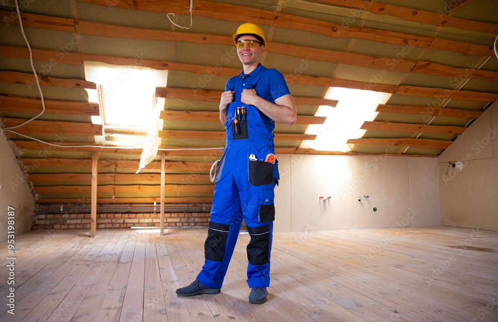 A cheerful construction worker in a yellow hard hat and blue overalls stands confidently in an unfinished attic. His smile suggests enthusiasm and satisfaction with the renovation progress. A cheerful construction worker in a yellow hard hat and blue overalls stands confidently in an unfinished attic. His smile suggests enthusiasm and satisfaction with the renovation progress.