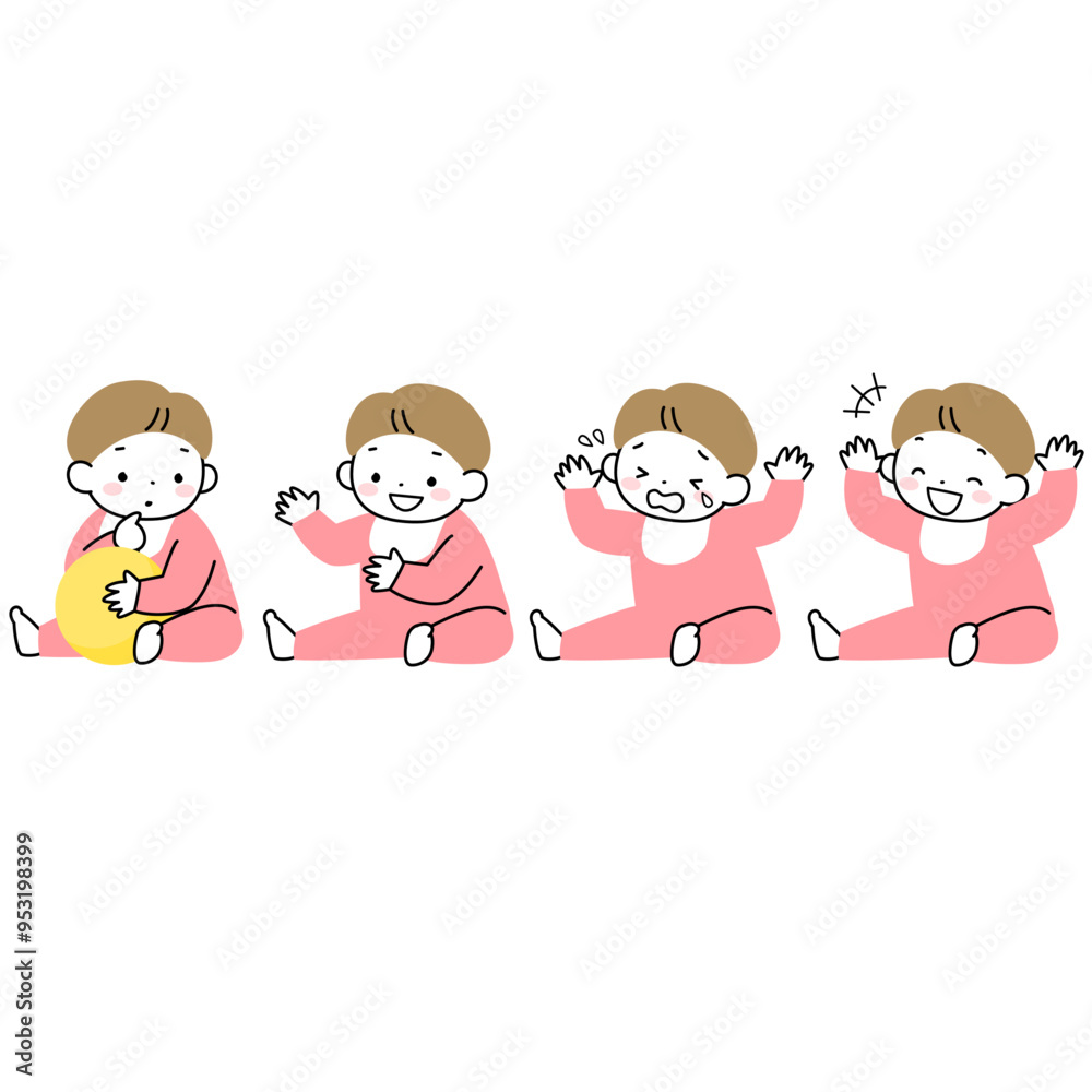 いろいろな表情の座っている赤ちゃんのセット