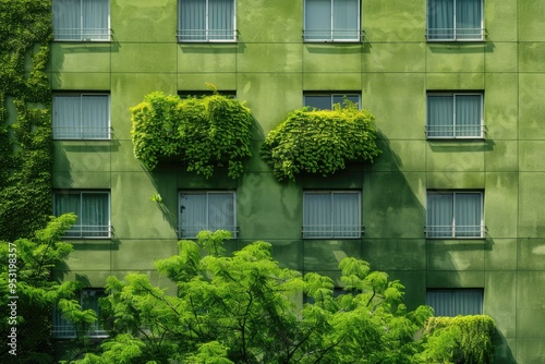 A modern green building with lush greenery and bushes on its sides, suitable for architecture, nature or environment-related concepts photo