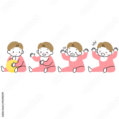 いろいろな表情の座っている赤ちゃんのセット