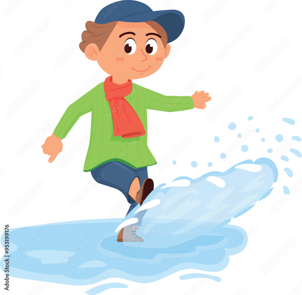 Boy running on puddles. Autumn outdoor kid activity