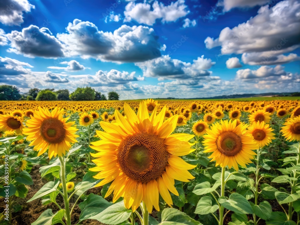 Vibrant yellow sunflowers stretch towards the sky, surrounded by lush green fields and a clear blue summer sky with wispy white clouds. Vibrant yellow sunflowers stretch towards the sky, surrounded by lush green fields and a clear blue summer sky with wispy white clouds.