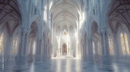 An interior view of a cathedral carved from white rock, showcasing intricate details and stunning architecture.