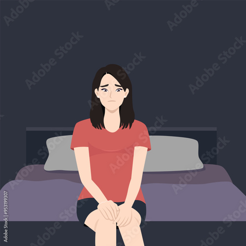 Woman suffering from insomnia is sitting in bed. Flat vector character illustration