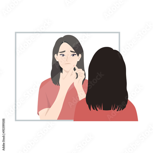 Young woman with problem skin squeezes pimples. Flat vector character illustration