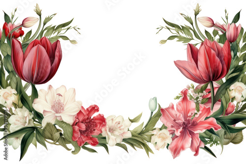 A classic floral border featuring red tulips, white lilies, and pink peonies isolated on white background #953199519