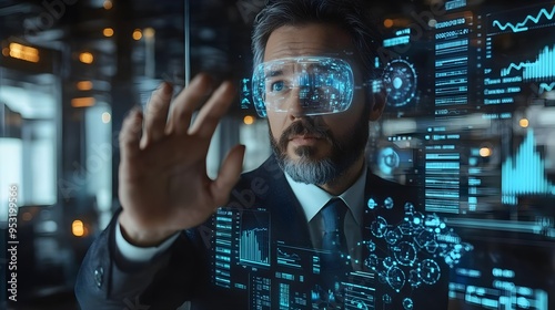 Businessman with AR Glasses Analyzing Data