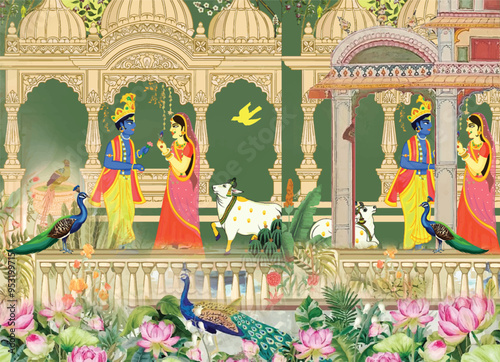 , Traditional Mughal temple lattice wall peacock tree pattern illustration, Mughal dancing woman in a garden with arch peacock bird and flower illustration, Indian Mughal hand drawn floral garden 