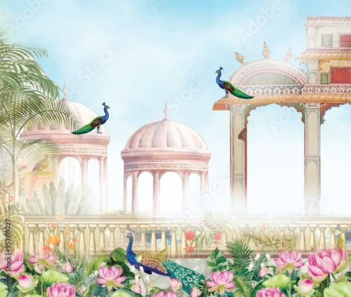 , Traditional Mughal temple lattice wall peacock tree pattern illustration, Mughal dancing woman in a garden with arch peacock bird and flower illustration, Indian Mughal hand drawn floral garden 