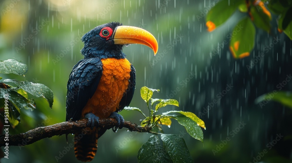 Fototapeta premium Colorful bird perched on a branch in a rainy forest setting.