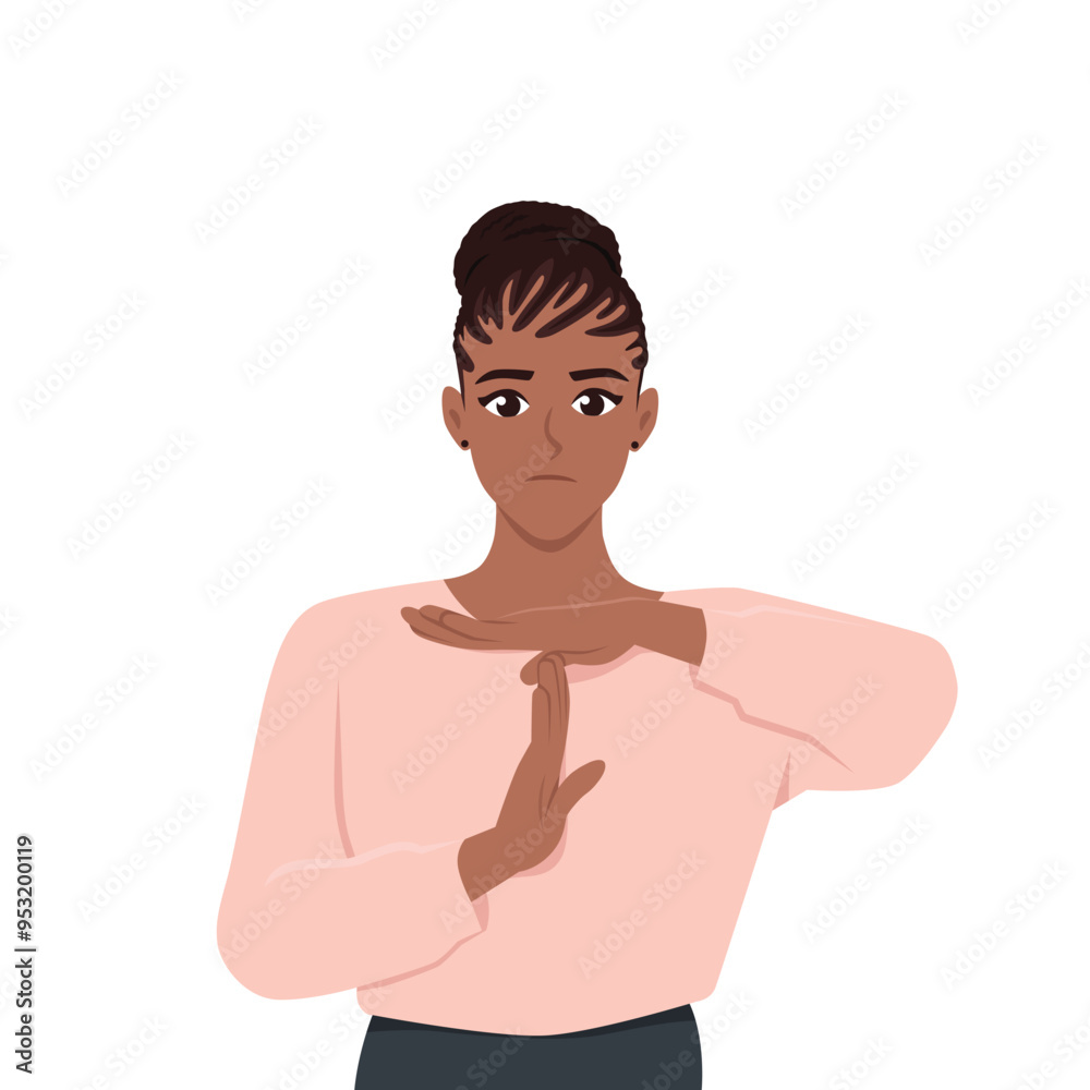 Fototapeta premium Woman making time out gesture asking to end. Flat vector character illustration