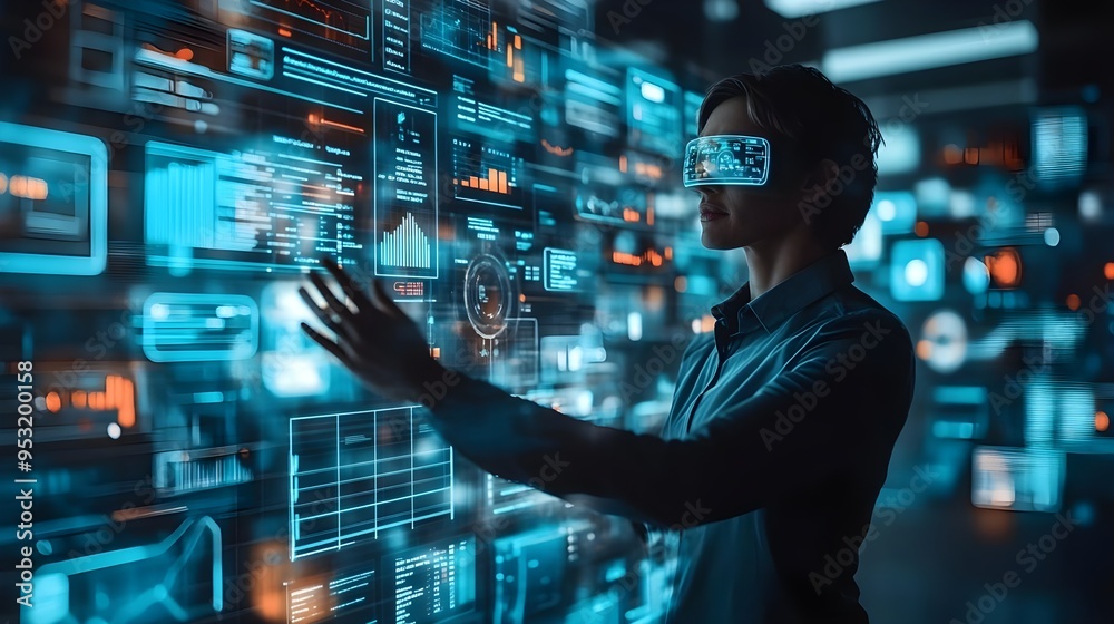 Businesswoman Using VR Headset to Analyze Data Businesswoman Using VR Headset to Analyze Data