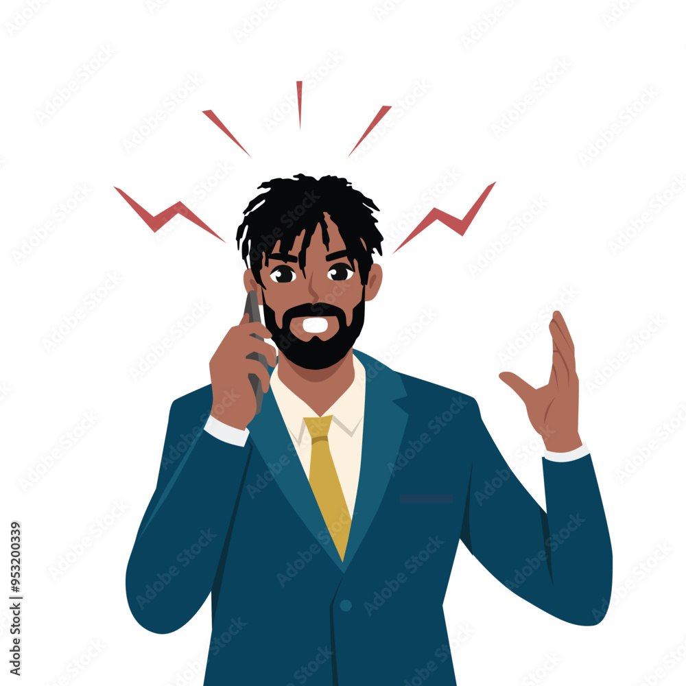 Angry business man in formal speaking or talking on the phone. Flat vector character illustration Angry business man in formal speaking or talking on the phone. Flat vector character illustration