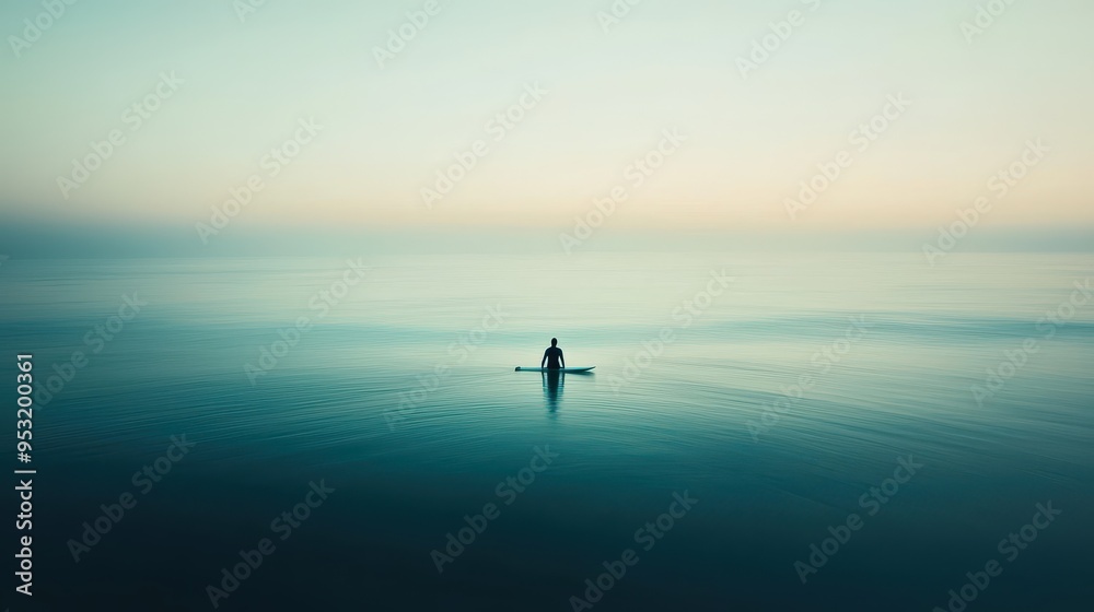 Surfer on Calm Sea at Dawn Surfer on Calm Sea at Dawn