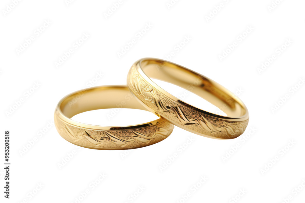 A close-up of classic gold wedding rings isolate on white background A close-up of classic gold wedding rings isolate on white background