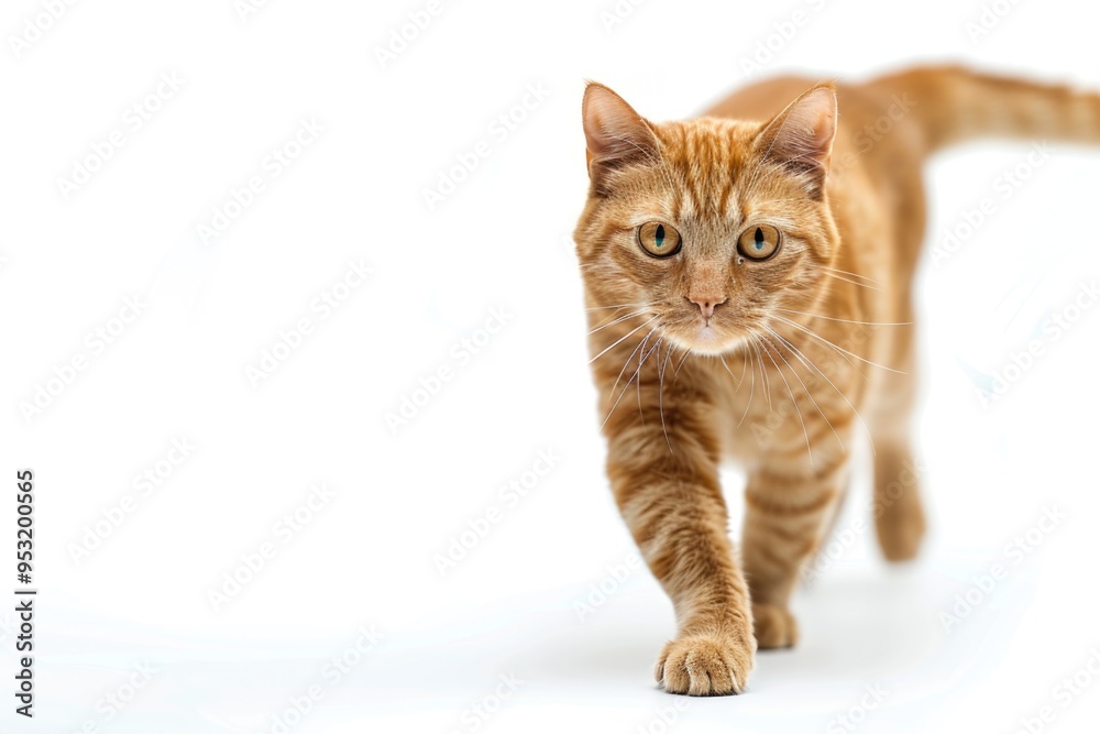 Fototapeta premium A curious orange cat exploring a clean white space