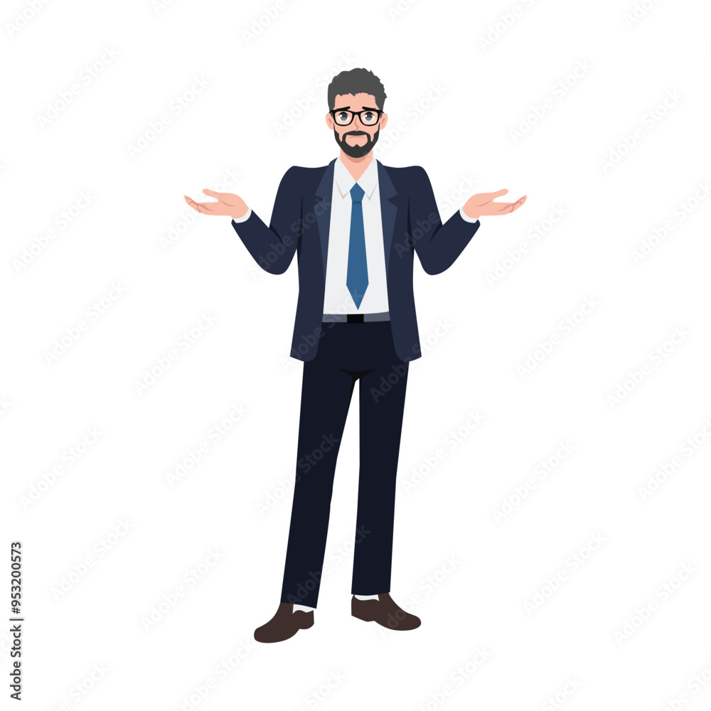 Young man standing with shoulders raised and palms up confused. Flat vector character illustration