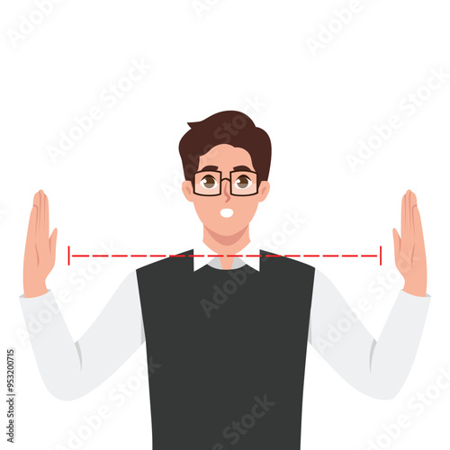 Young man spreads arms wide and is shocked by size of object. Flat vector character illustration