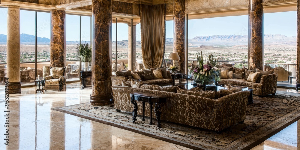 Luxury Living Room with Mountain View and Marble Columns Luxury Living Room with Mountain View and Marble Columns