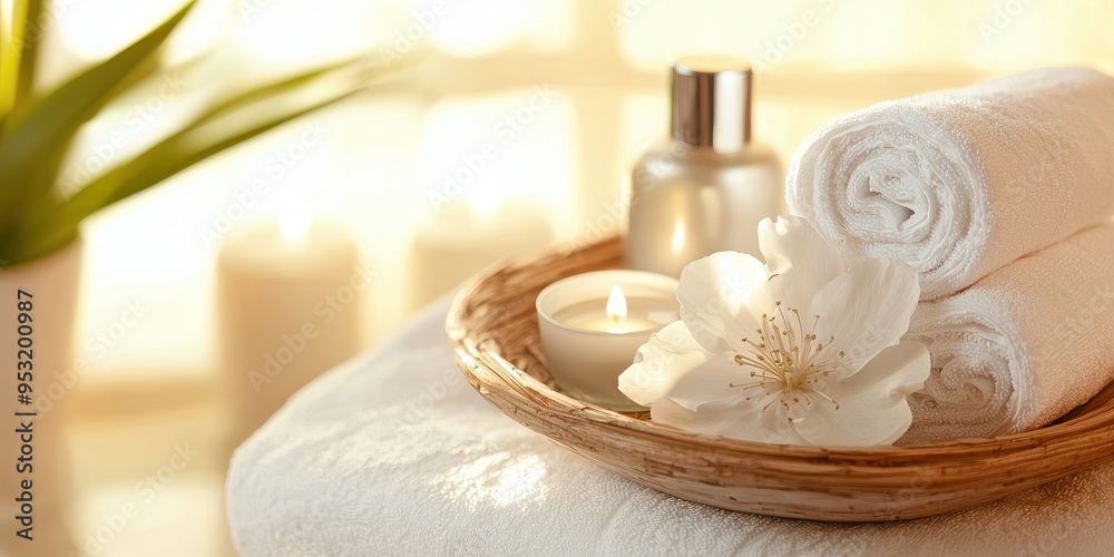 Spa Day Essentials White Flower Candle Towels Bottle and Wicker Bowl Spa Day Essentials White Flower Candle Towels Bottle and Wicker Bowl